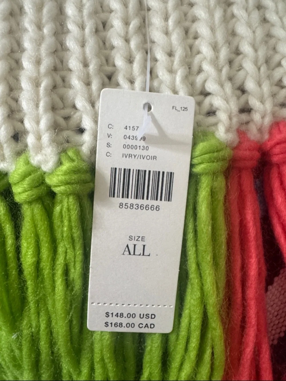 By Anthropologie Long Cardigan + Scarf Set Ivory Rainbow Fringe One Size